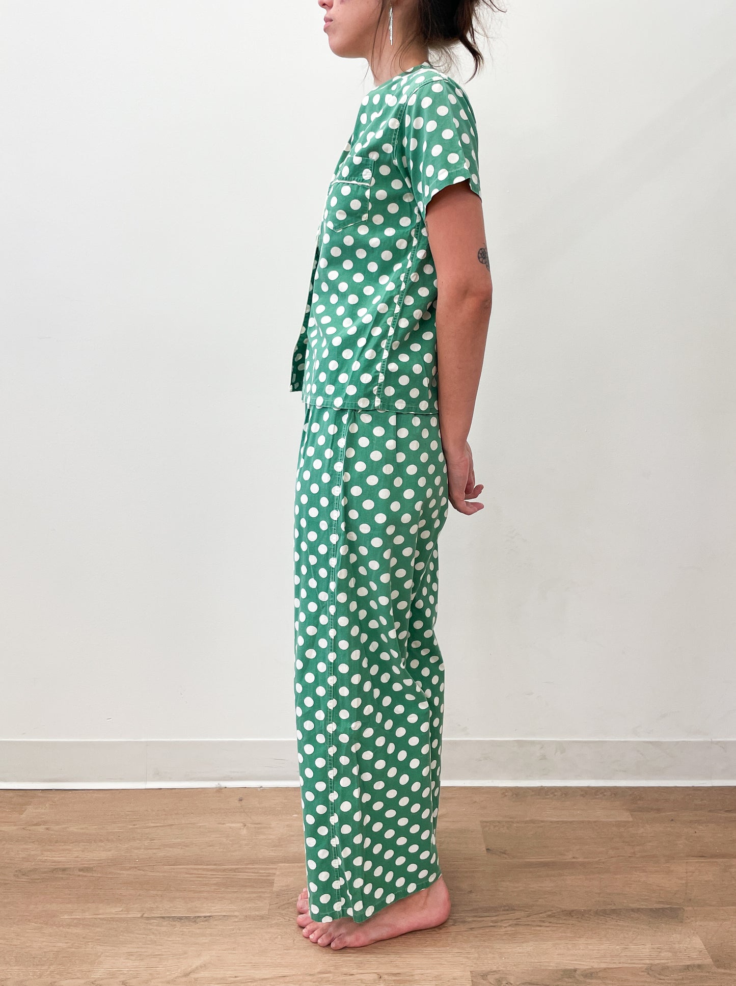 1950s Vintage Green Polka Dot Cotton 3 Piece Pajama Sleep Set