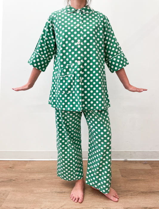 1950s Vintage Green Polka Dot Cotton 3 Piece Pajama Sleep Set