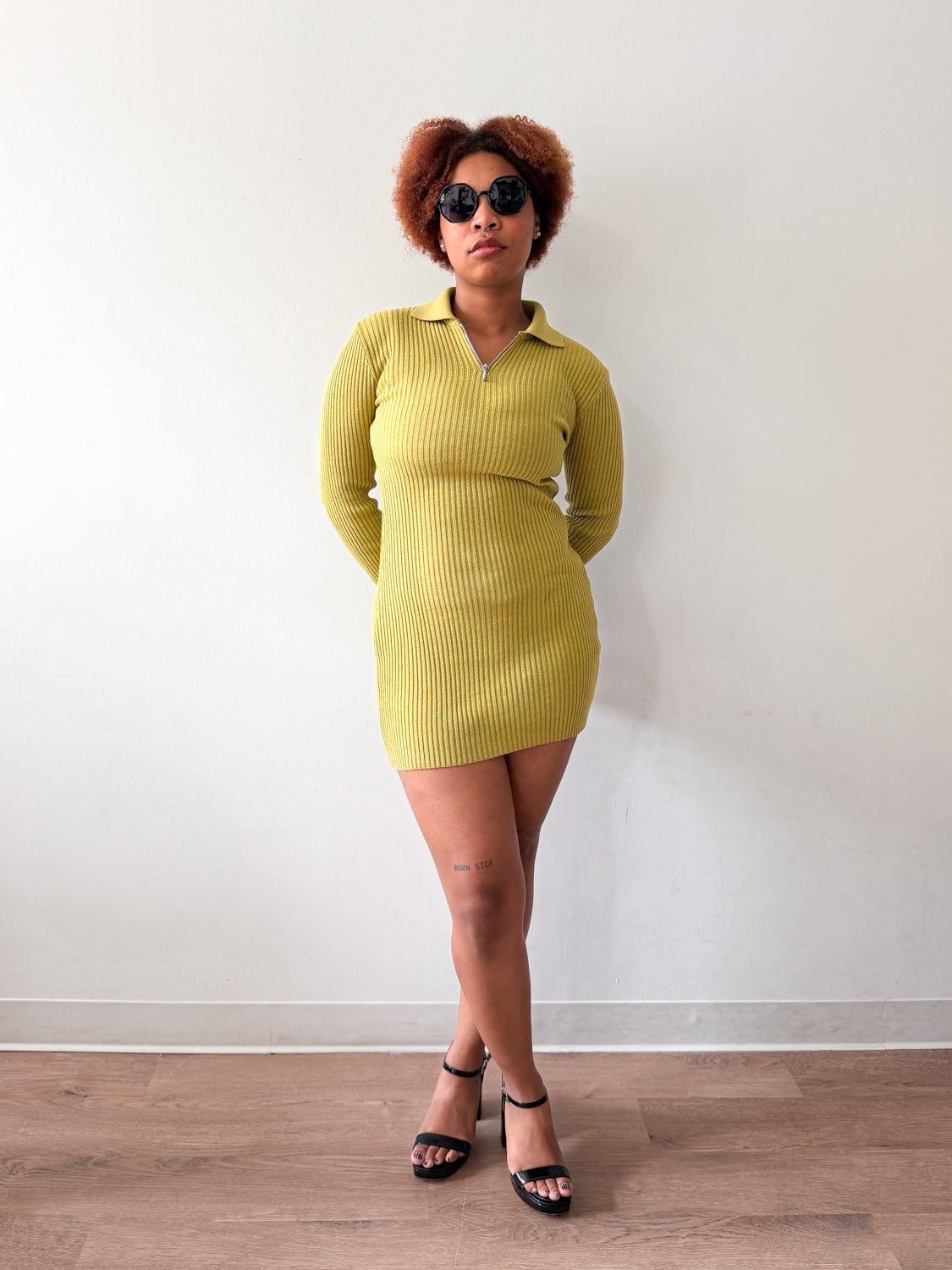 1960s - 1970s Vintage Made in Italy Mod Knit Chartreuse Ribbed  Mini Dress