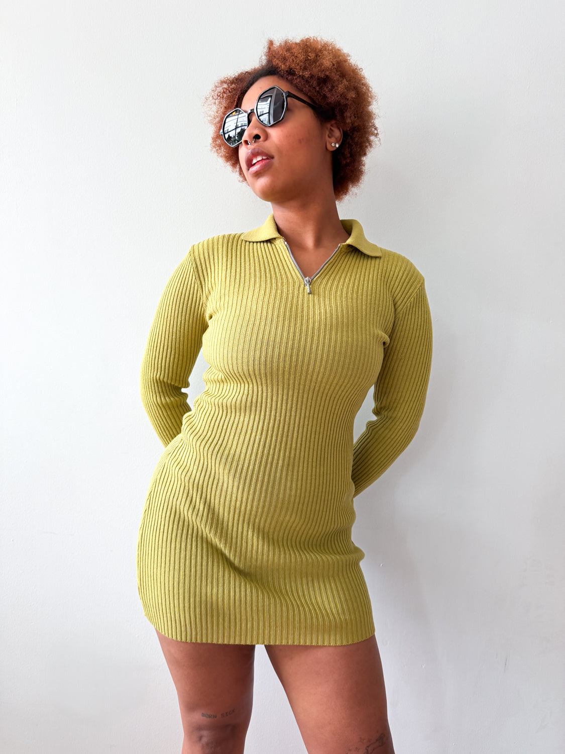 1960s - 1970s Vintage Made in Italy Mod Knit Chartreuse Ribbed  Mini Dress