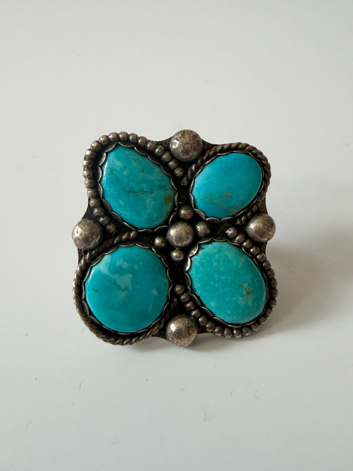 1970s Vintage Signed Kingman Turquoise 4 Stone Cluster Native Made Ring