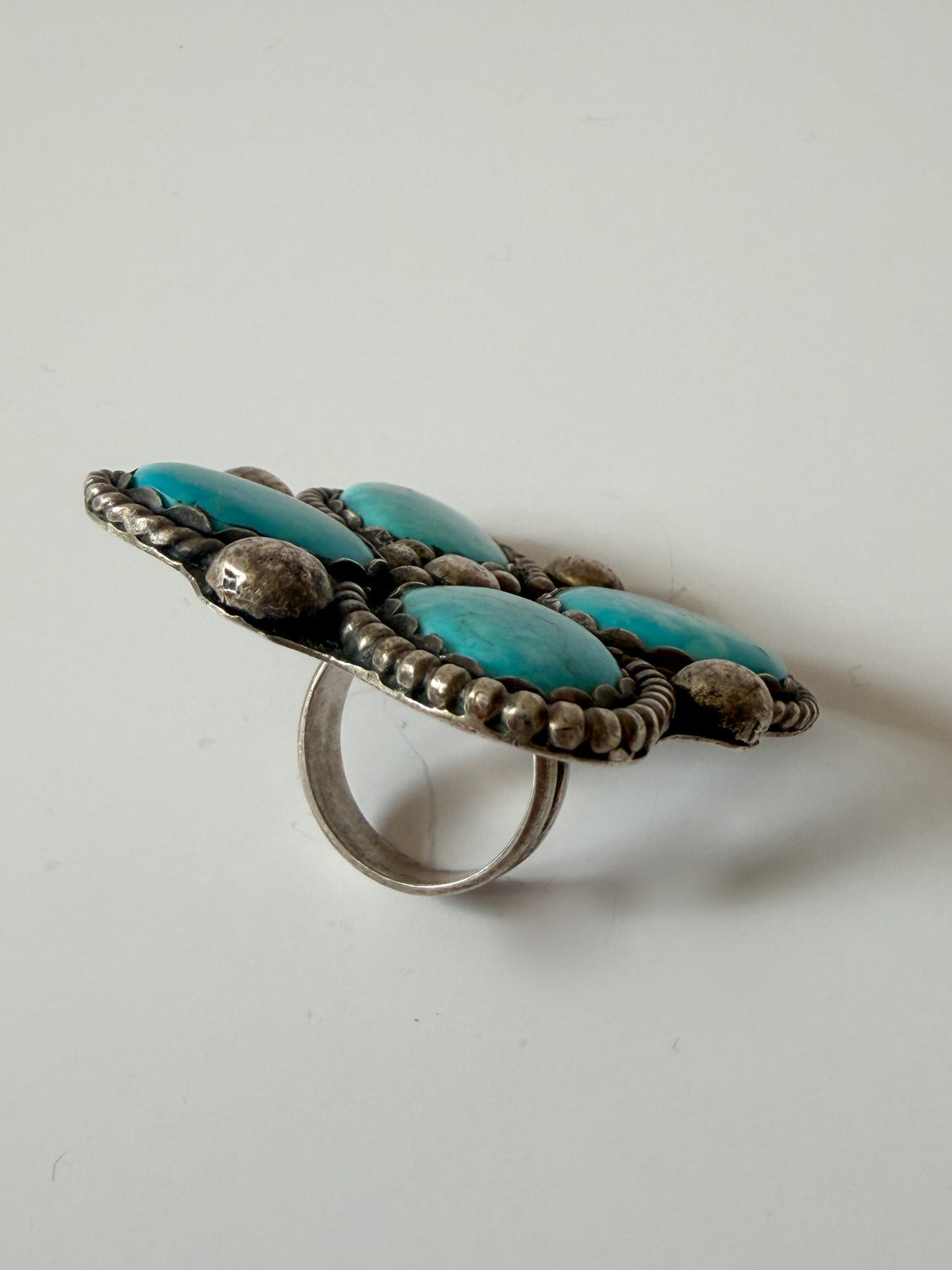 1970s Vintage Signed Kingman Turquoise 4 Stone Cluster Native Made Ring