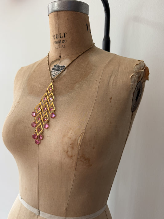 1970s Vintage Pink Rhinestone Disco Statement Necklace