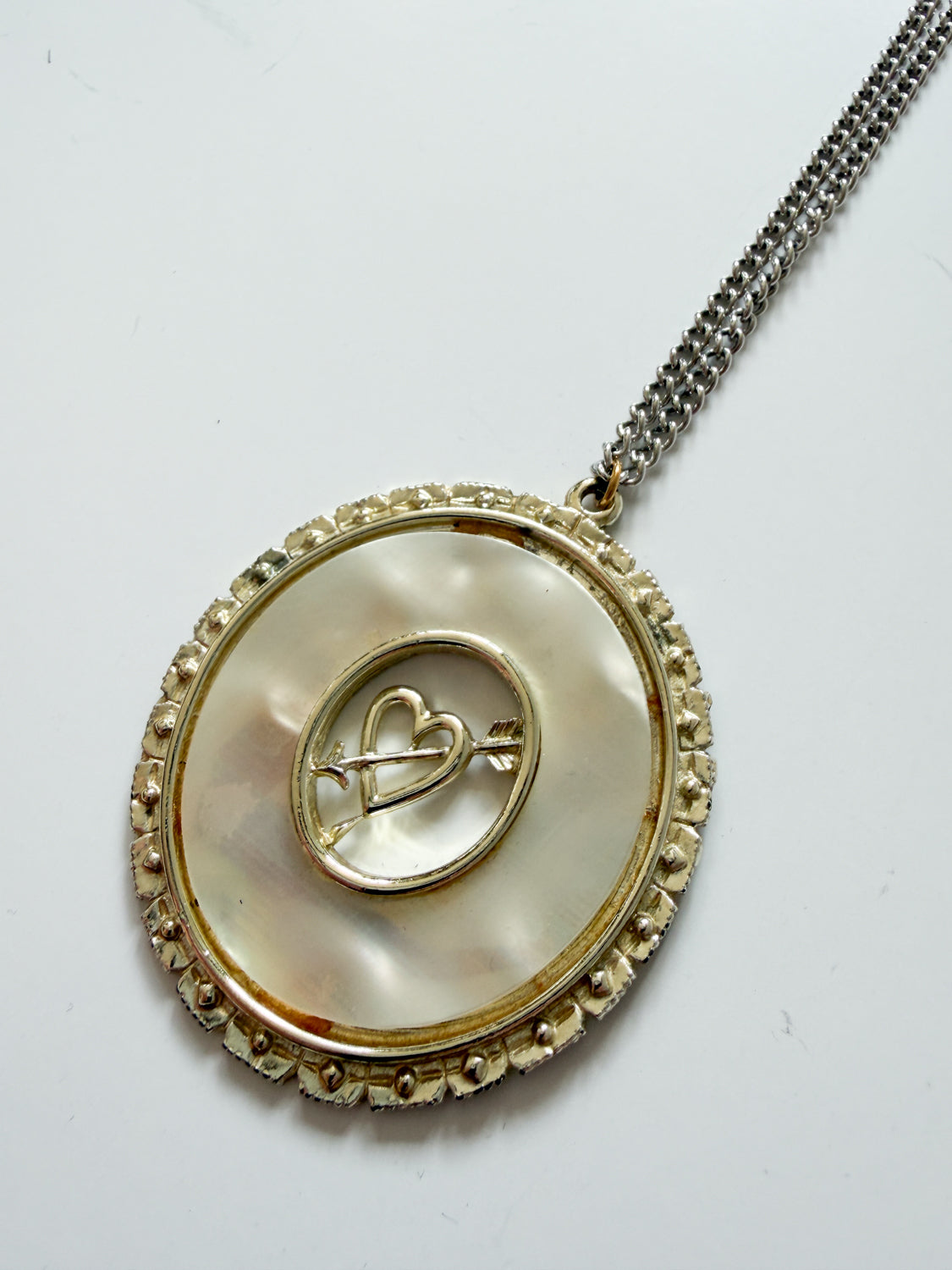 1970s Vintage Cross My Heart Mother of Pearl Necklace