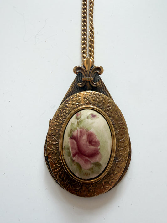 1980s Vintage Pink Floral Painted Enamel Locket Necklace