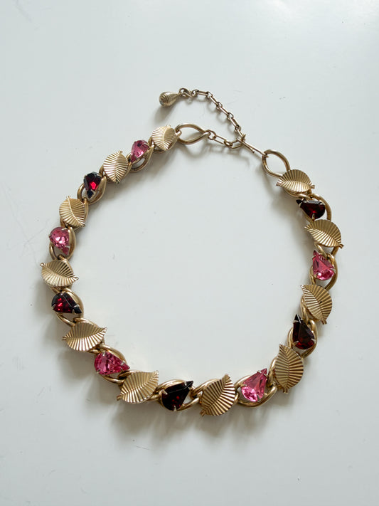1950s Vintage Pink + Red Rhinestones Gold-Toned Leaf Choker Necklace