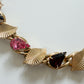 1950s Vintage Pink + Red Rhinestones Gold-Toned Leaf Choker Necklace
