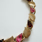 1950s Vintage Pink + Red Rhinestones Gold-Toned Leaf Choker Necklace