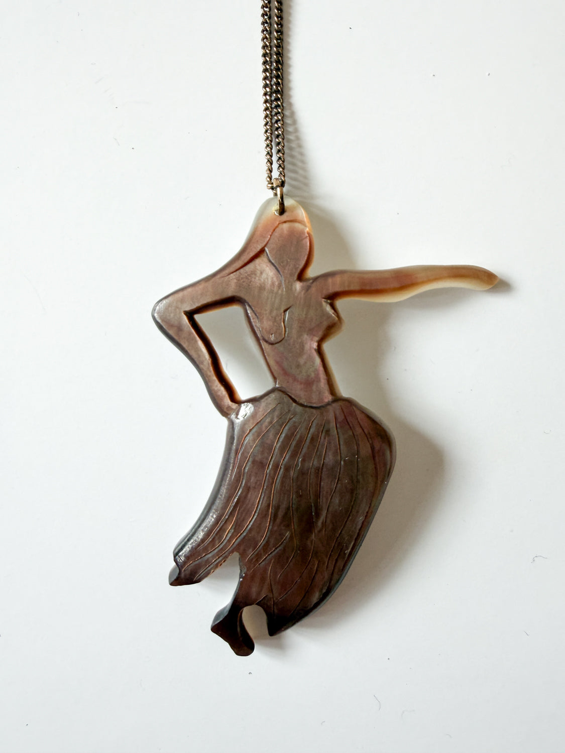 1950s Vintage Hand Carved Abalone Dancing Hula Woman Necklace