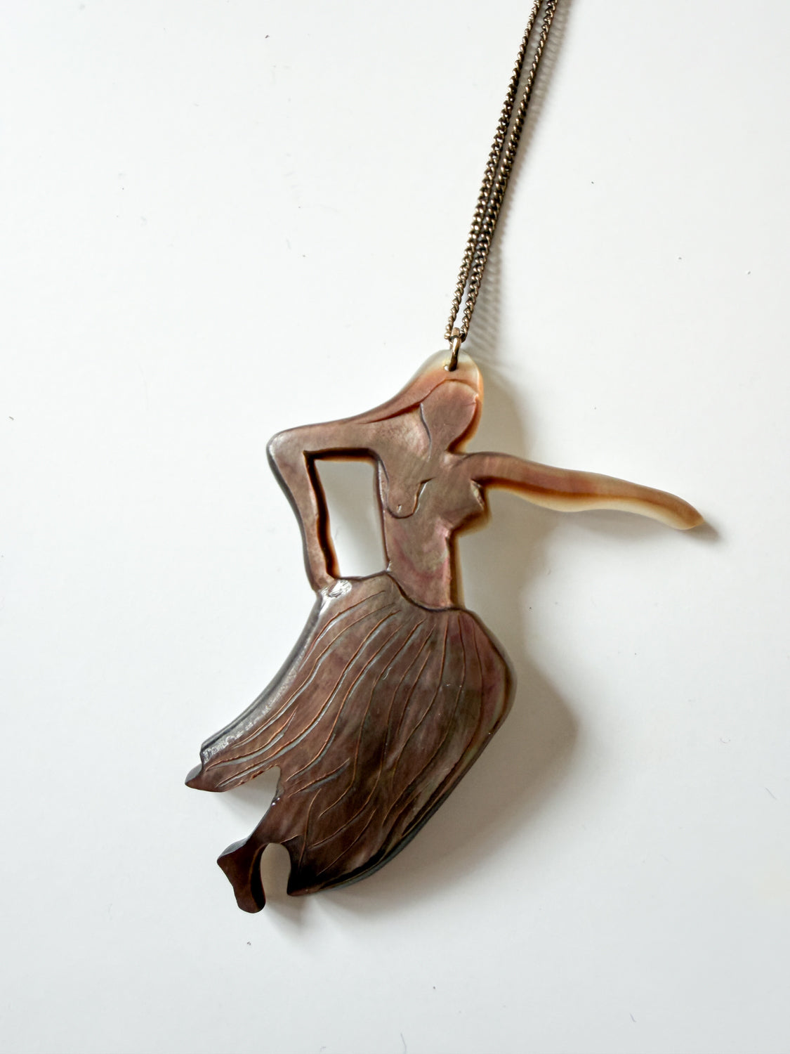 1950s Vintage Hand Carved Abalone Dancing Hula Woman Necklace