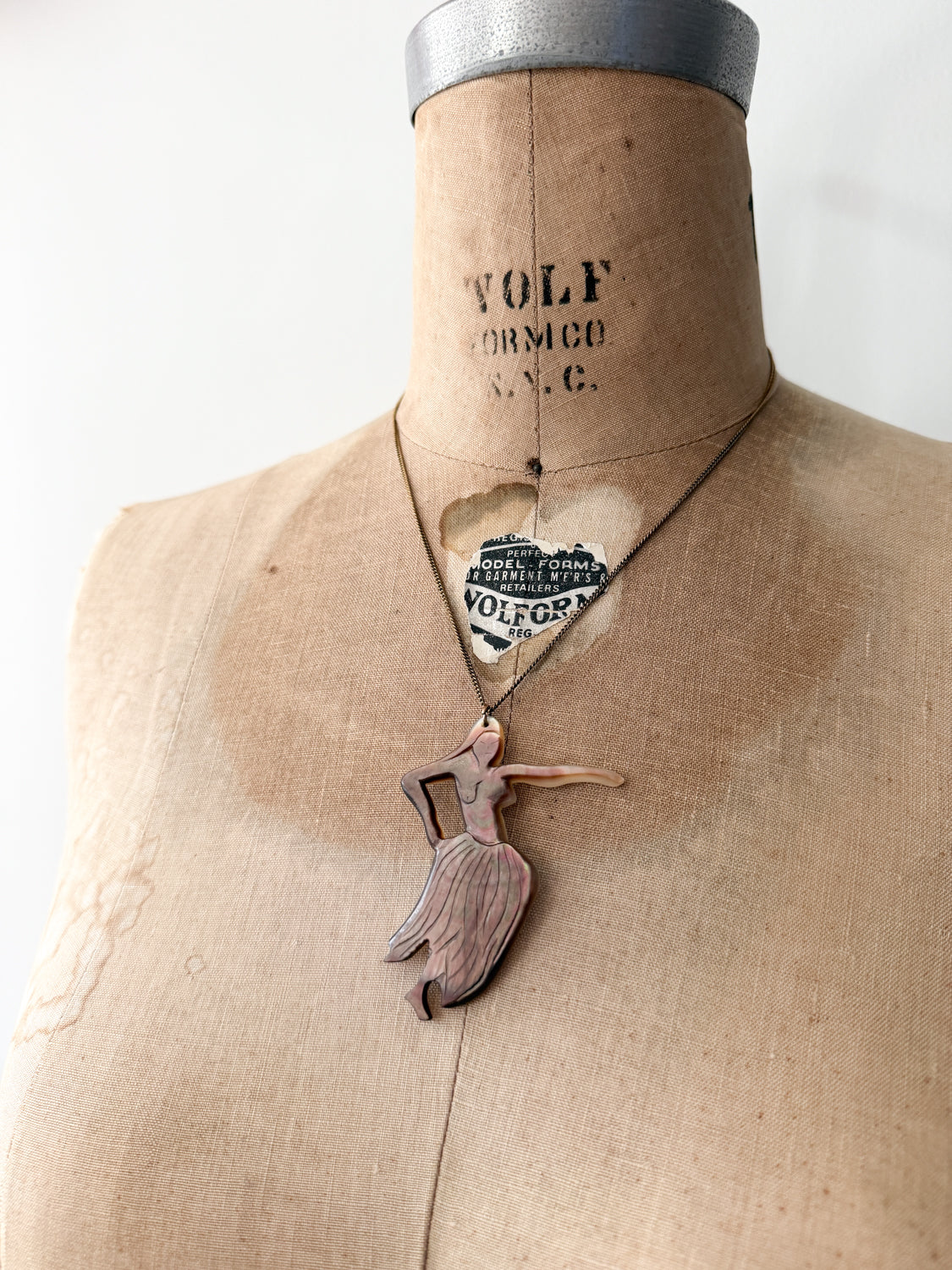 1950s Vintage Hand Carved Abalone Dancing Hula Woman Necklace