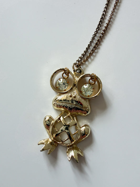 1970s Vintage Gold Rhinestone Little Baby Frog Necklace