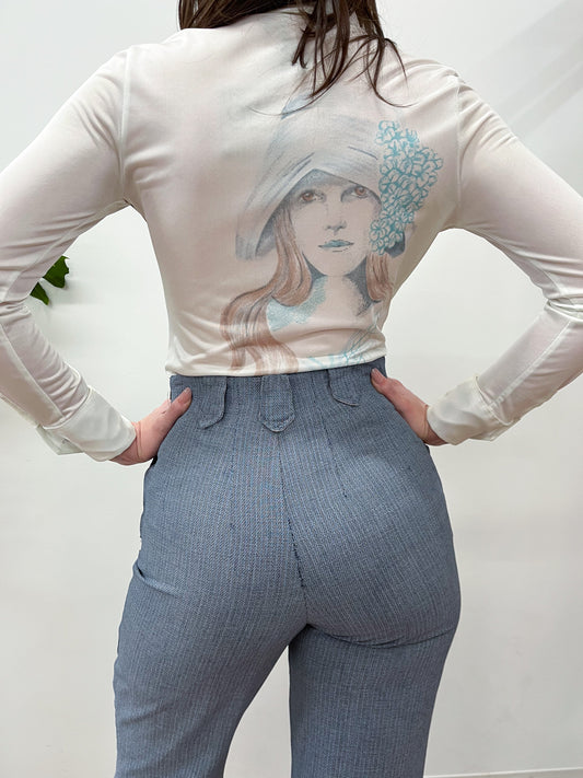 1970s Vintage Horse Girl Dagger Collar Disco Blouse Shirt