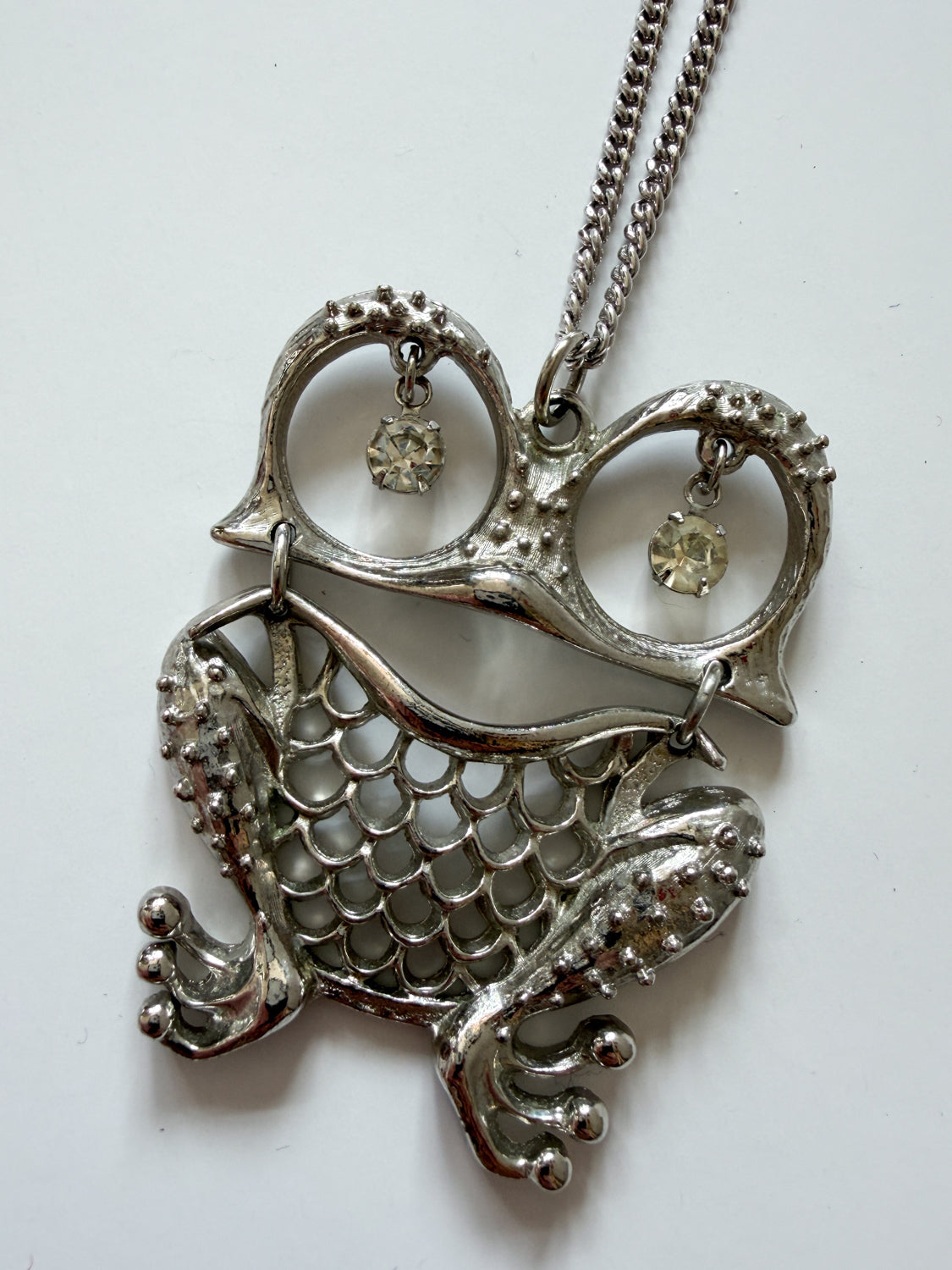 1970s Vintage Silvertoned Rhinestone Big Mama Frog Necklace