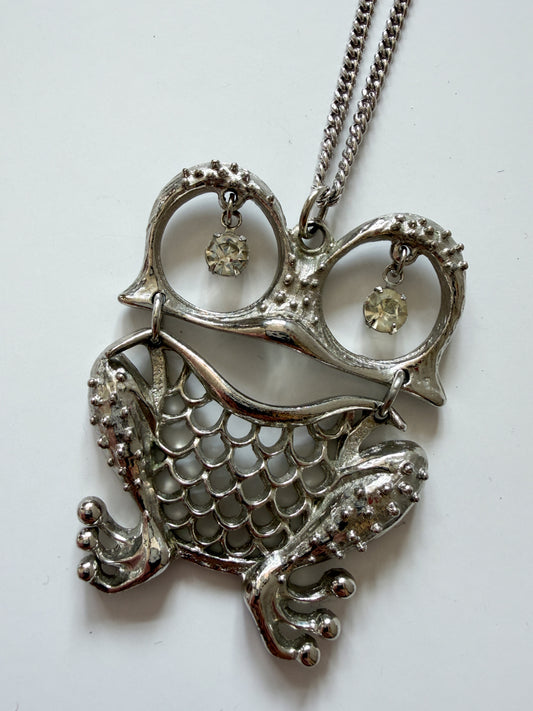1970s Vintage Silvertoned Rhinestone Big Mama Frog Necklace