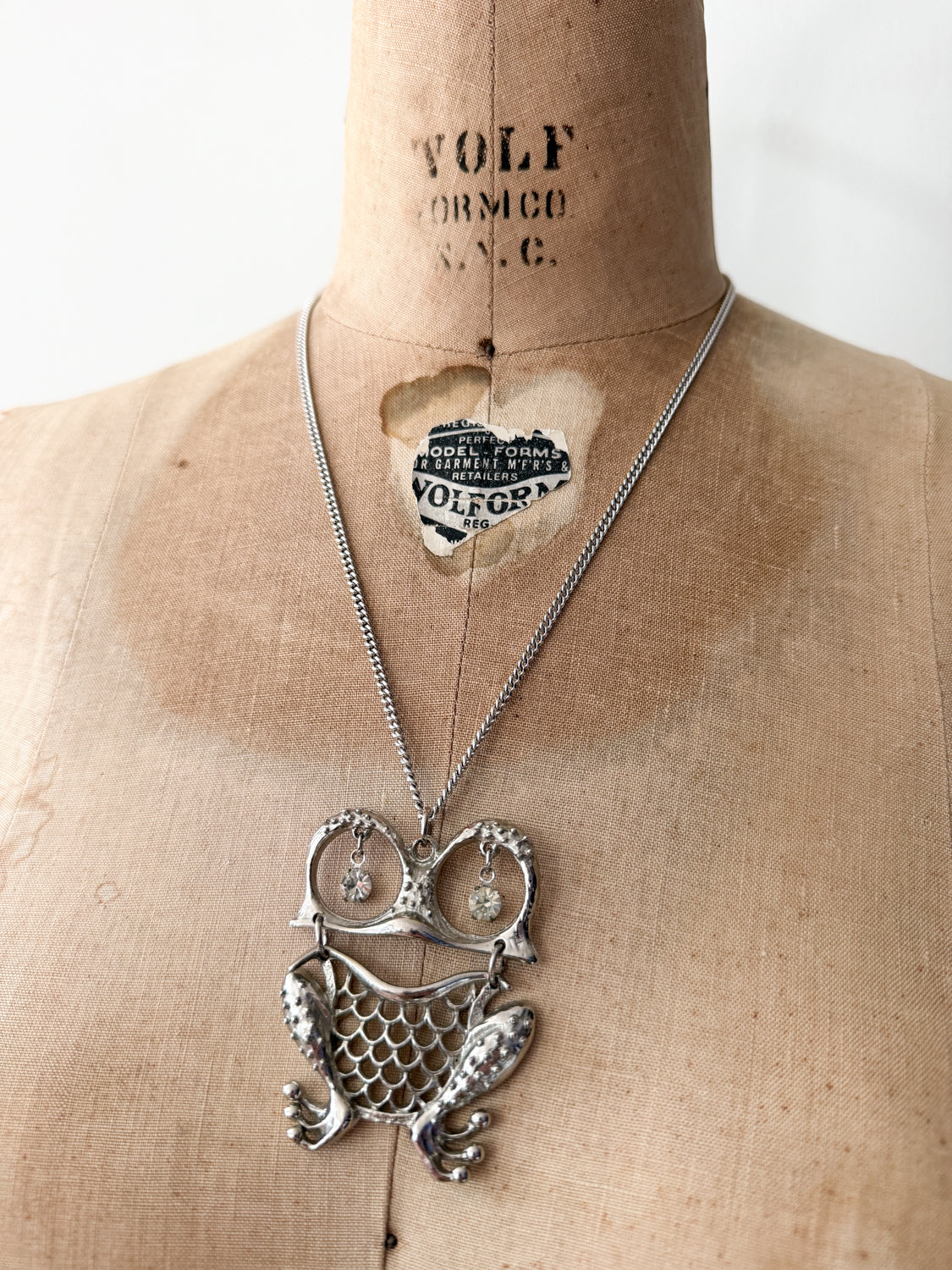 1970s Vintage Silvertoned Rhinestone Big Mama Frog Necklace