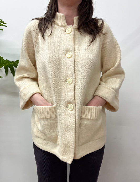 1960's Vintage Cream Double Knit Wool Cardigan Sweater