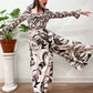 1970s Vintage Abstract Brown And White Patterned Ruffle Jumpsuit