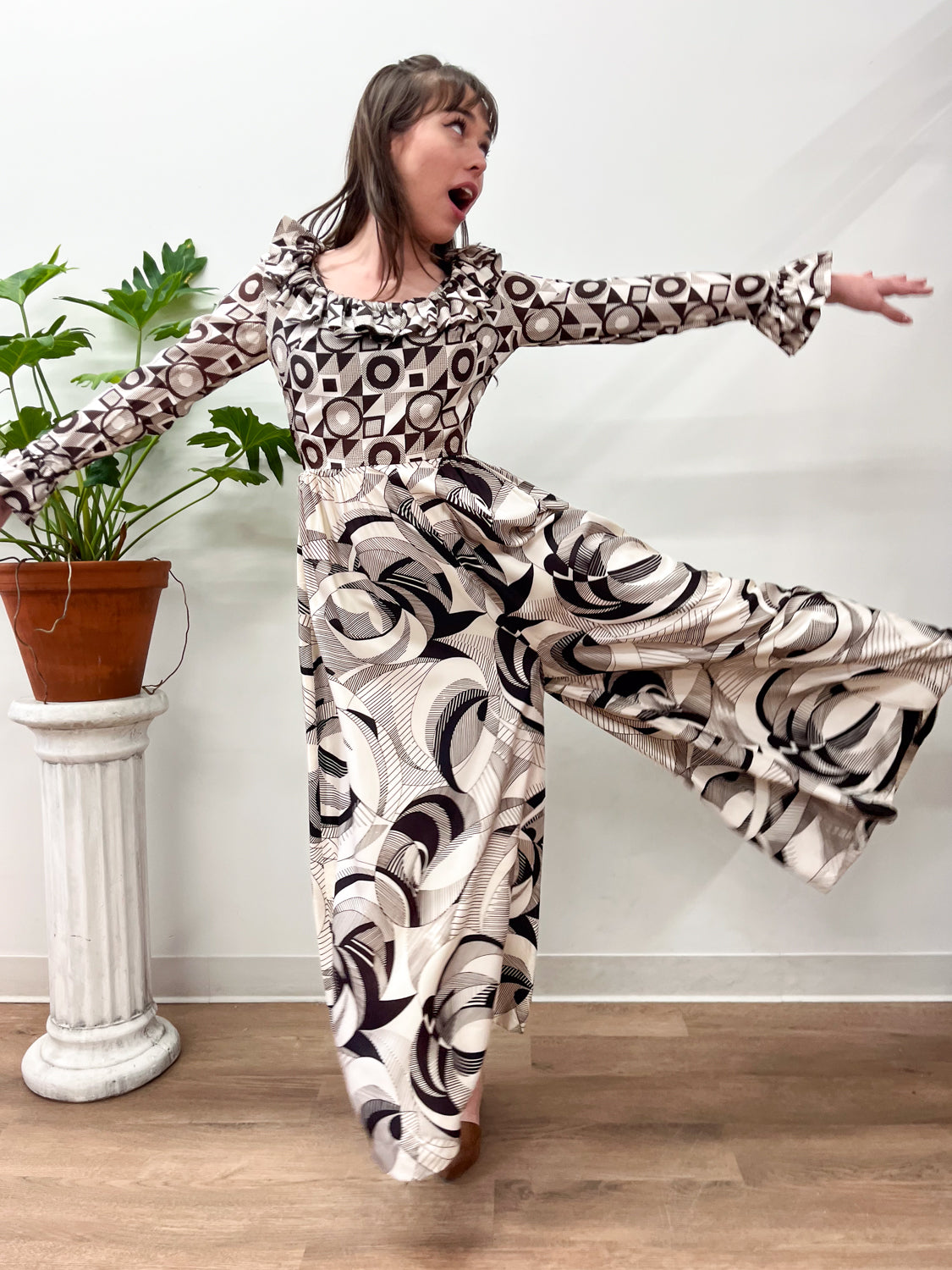 1970s Vintage Abstract Brown And White Patterned Ruffle Jumpsuit