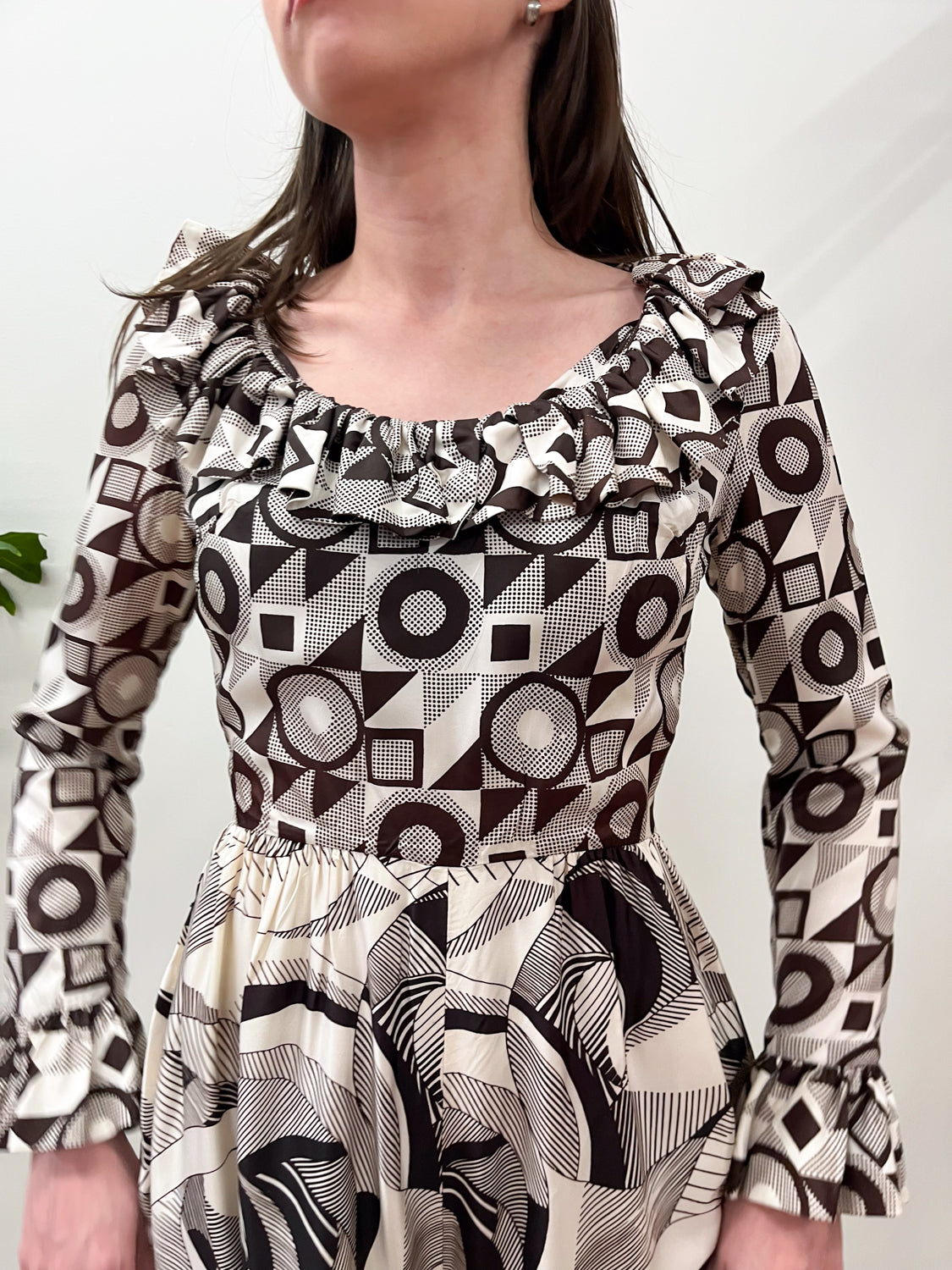 1970s Vintage Abstract Brown And White Patterned Ruffle Jumpsuit