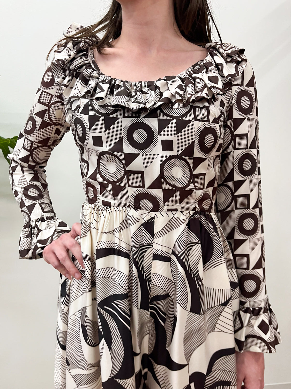 1970s Vintage Abstract Brown And White Patterned Ruffle Jumpsuit