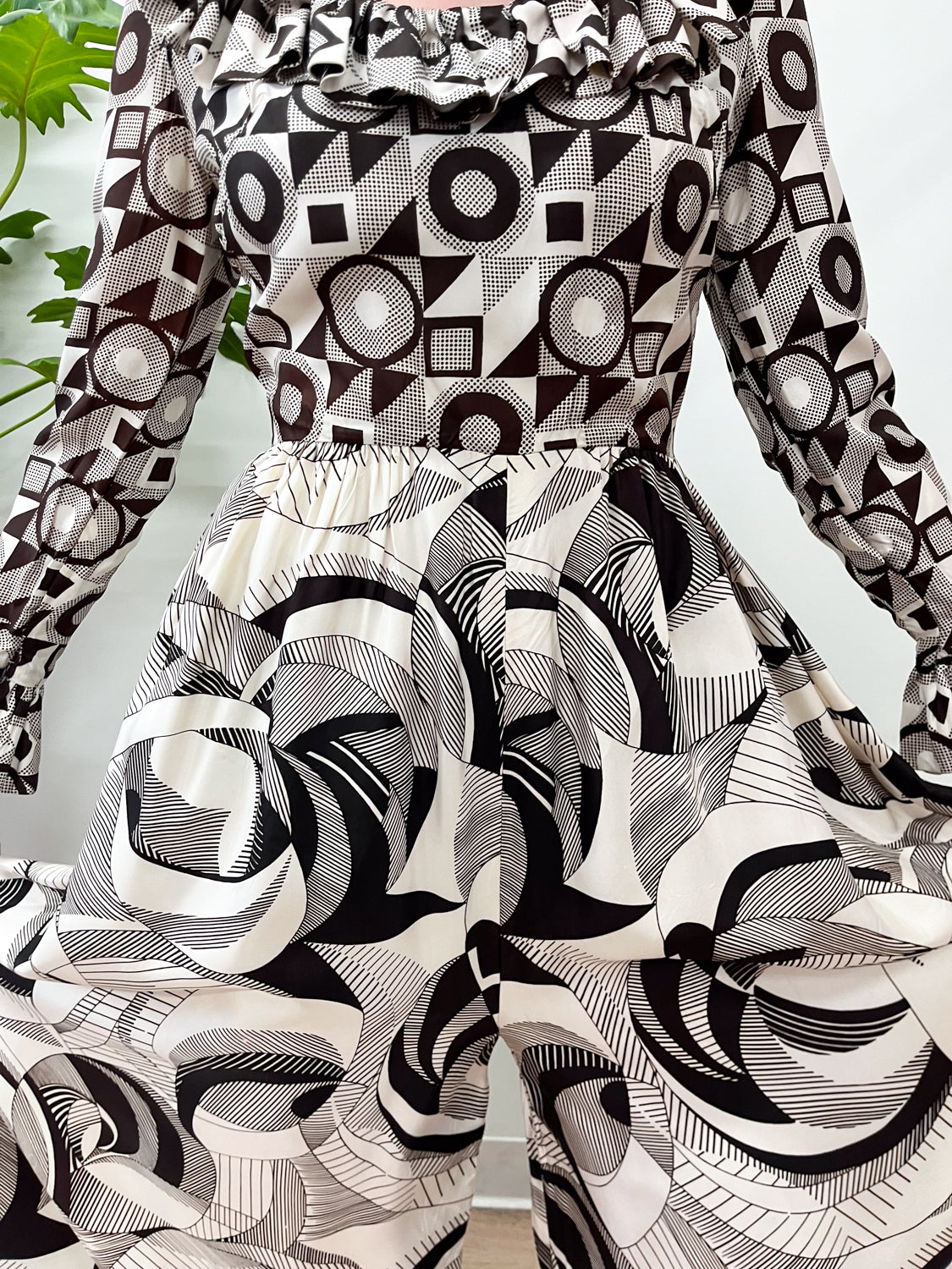 1970s Vintage Abstract Brown And White Patterned Ruffle Jumpsuit
