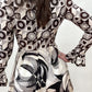 1970s Vintage Abstract Brown And White Patterned Ruffle Jumpsuit