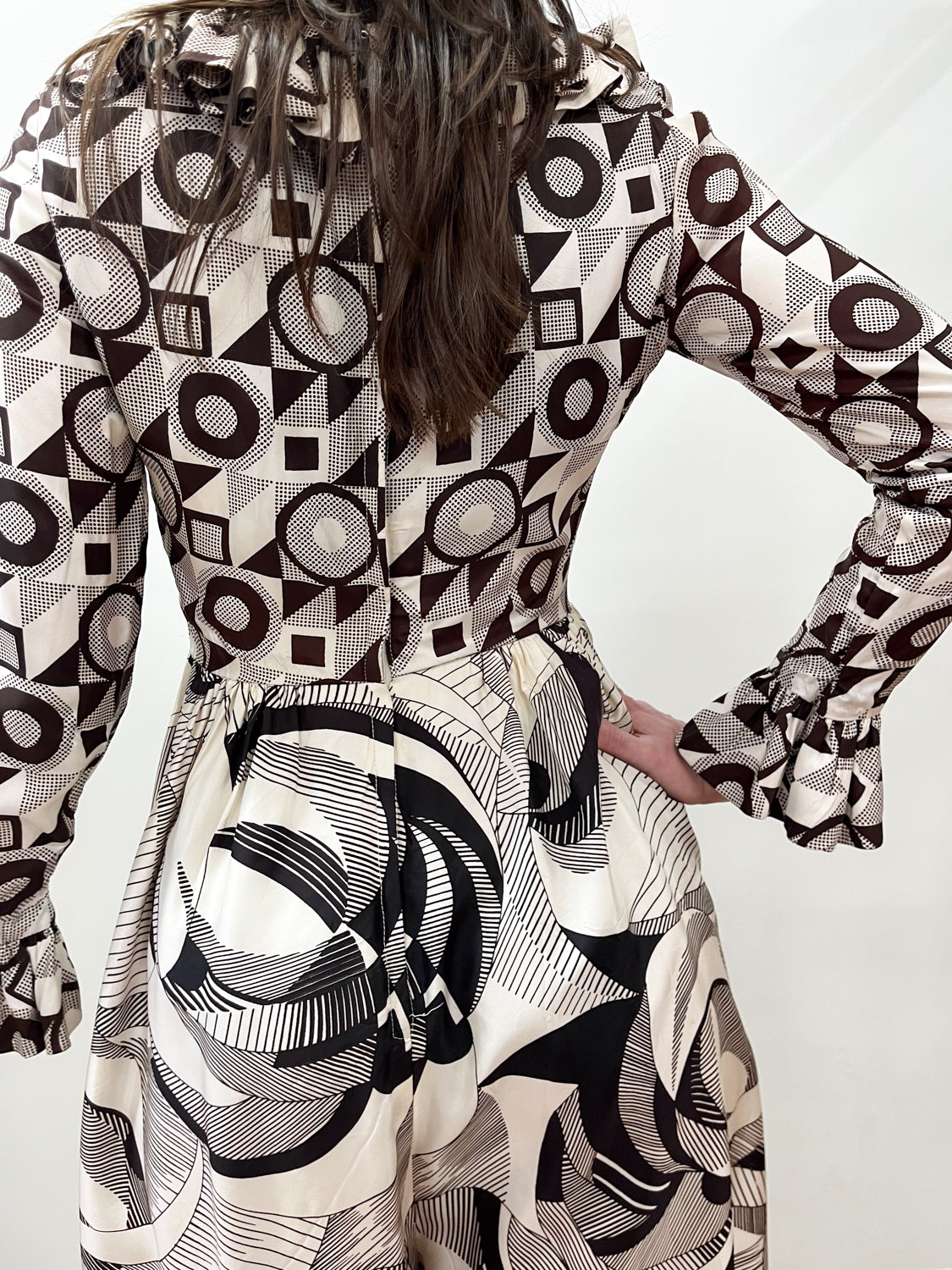 1970s Vintage Abstract Brown And White Patterned Ruffle Jumpsuit