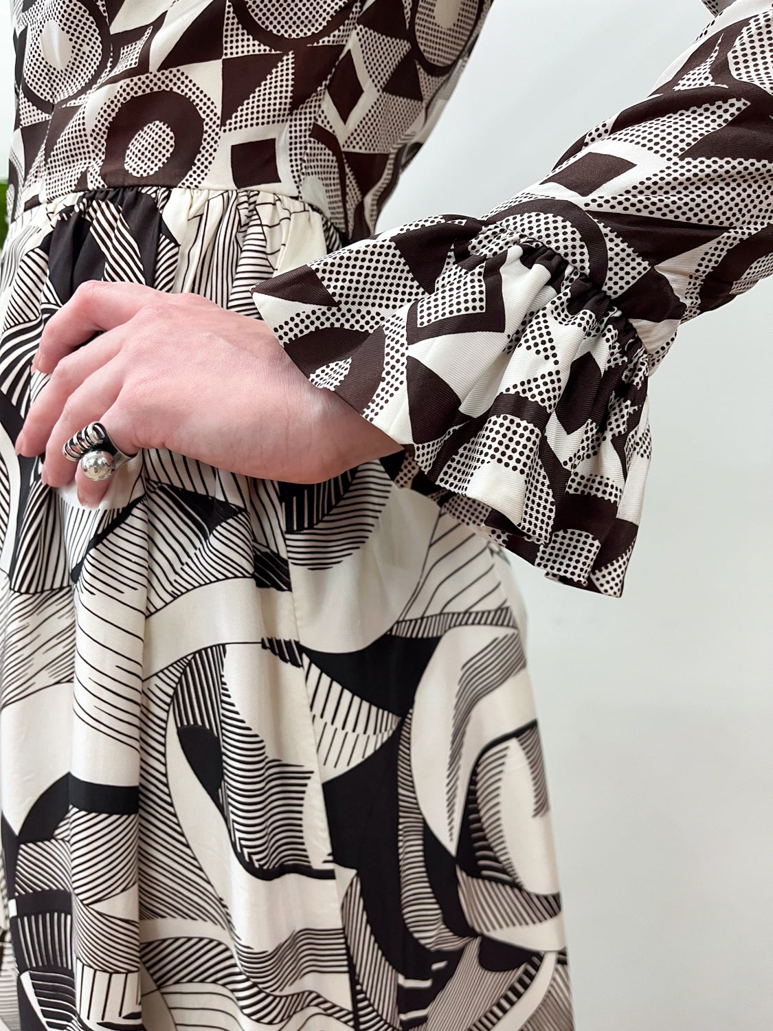 1970s Vintage Abstract Brown And White Patterned Ruffle Jumpsuit