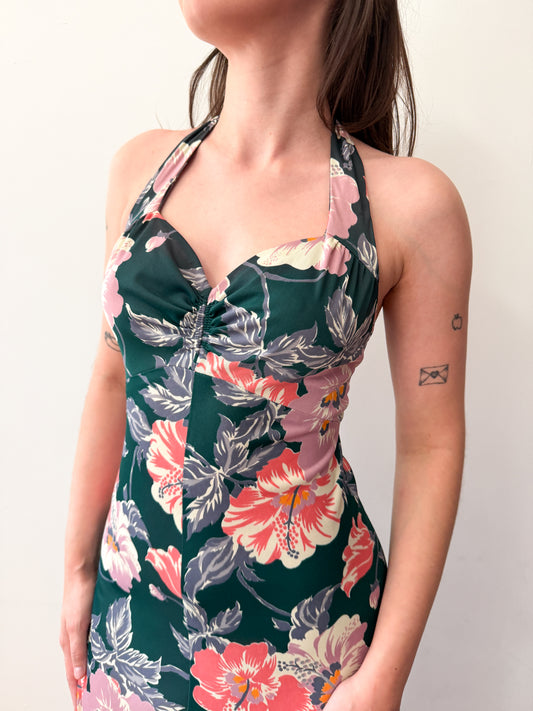 1970s does 1940s Watercolor Floral Blossoms Dress and Matching Jacket Set