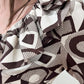 1970s Vintage Abstract Brown And White Patterned Ruffle Jumpsuit