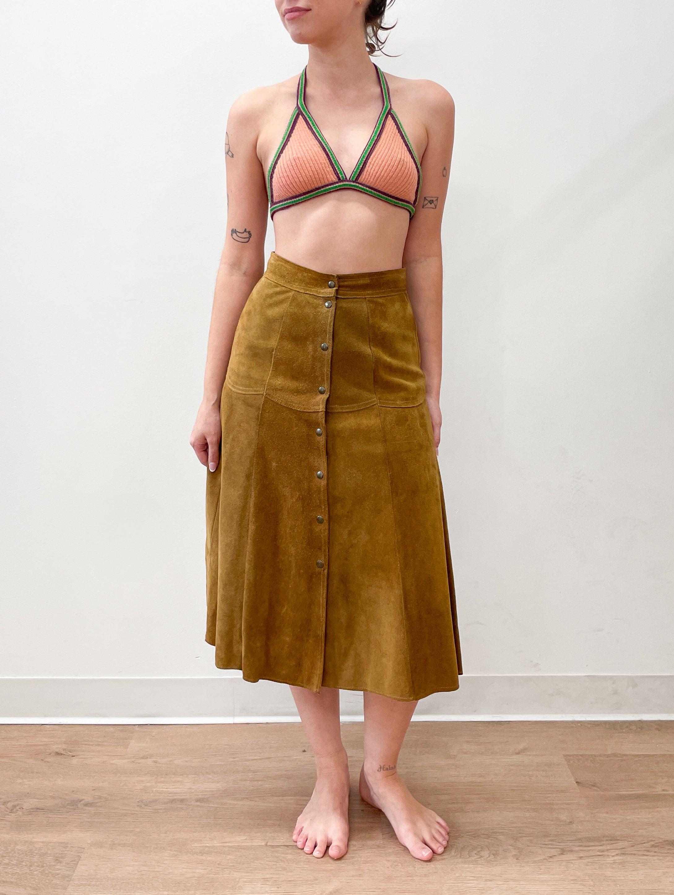 [LOW CLASSIC] / ☆ 24FW SUEDE MERMAID SKIRT / BROWN 1970's Vintage Butterscotch Suede Leather Snap Front Skirt