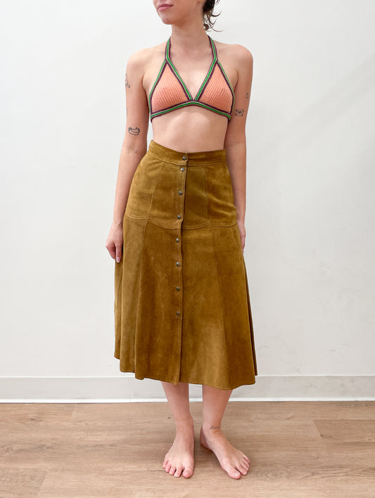 1970's Vintage Butterscotch Suede Leather Snap Front Skirt