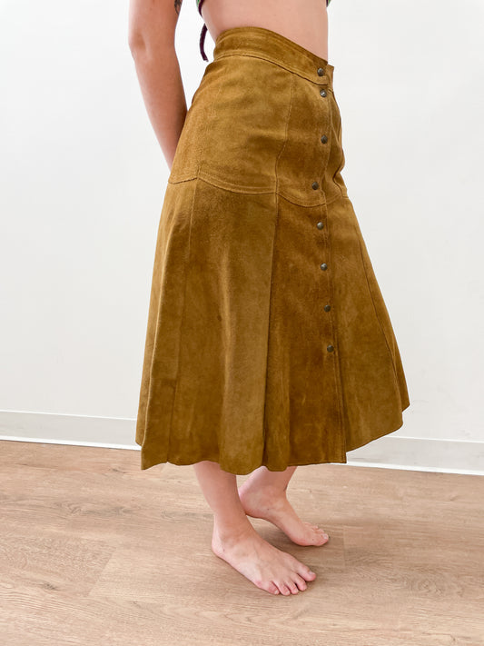 1970's Vintage Butterscotch Suede Leather Snap Front Skirt