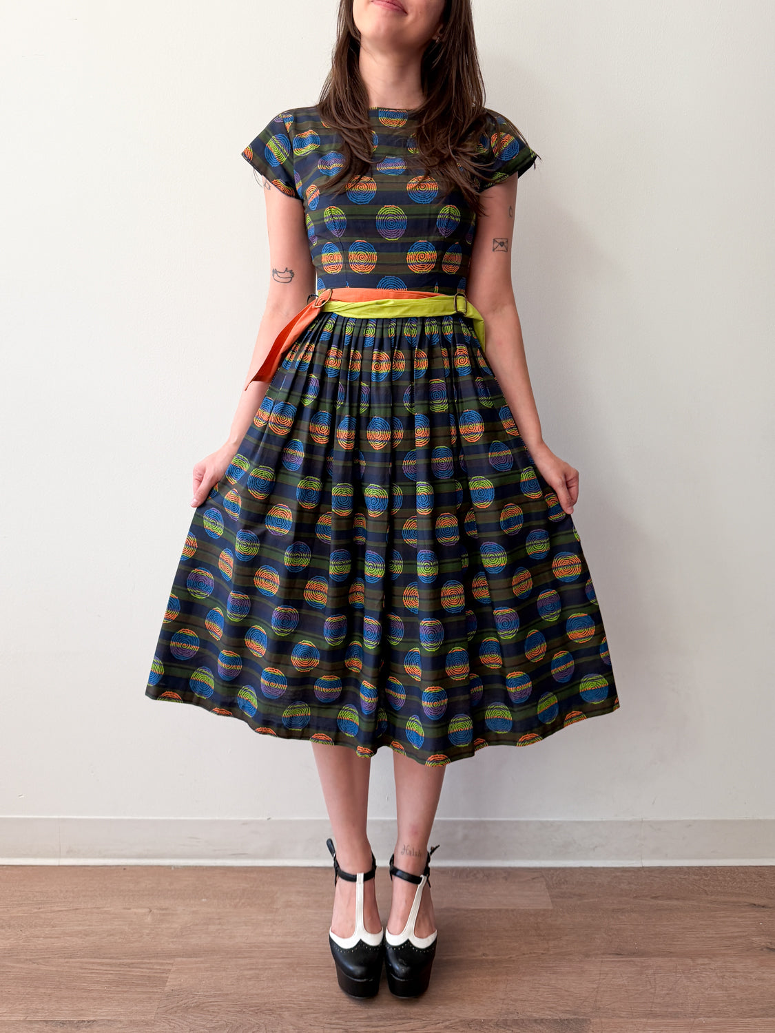 1950s Vintage Atomic Neon Swirls Fit and Flare with Two Tone Belt