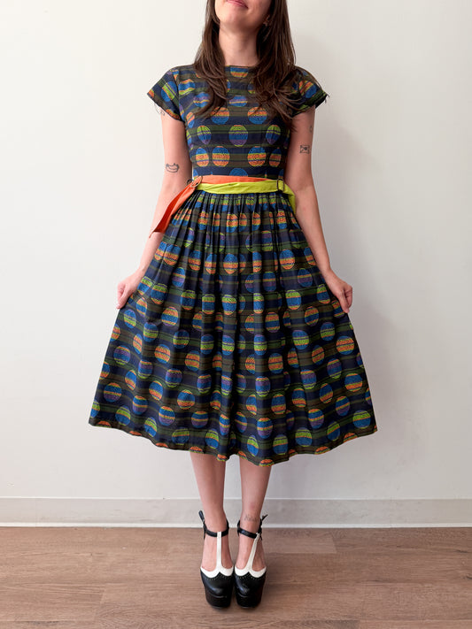 1950s Vintage Atomic Neon Swirls Fit and Flare with Two Tone Belt
