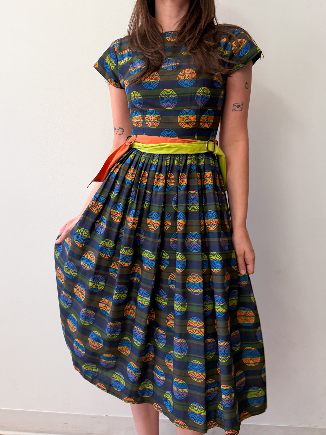 1950s Vintage Atomic Neon Swirls Fit and Flare with Two Tone Belt