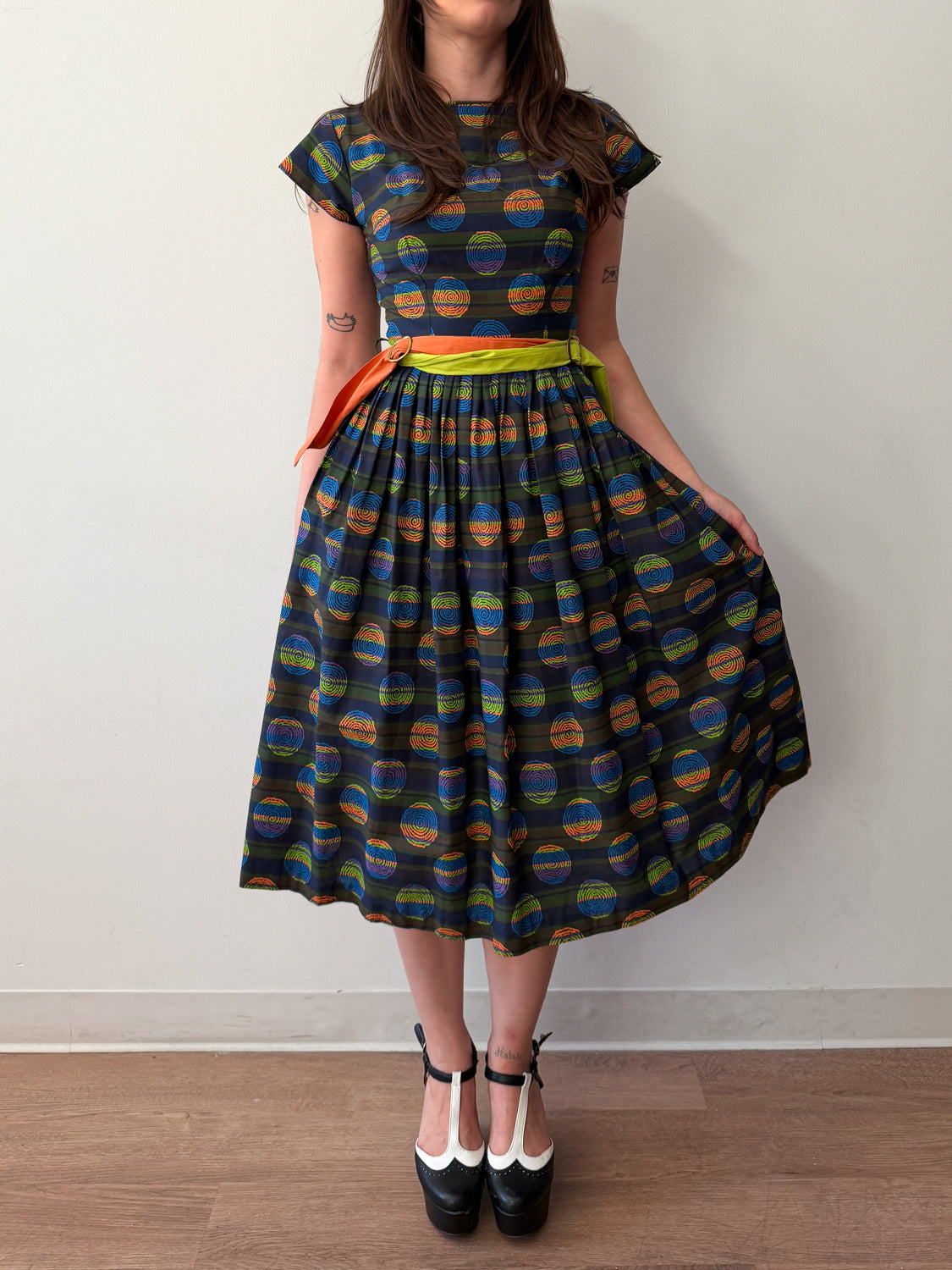 1950s Vintage Atomic Neon Swirls Fit and Flare with Two Tone Belt