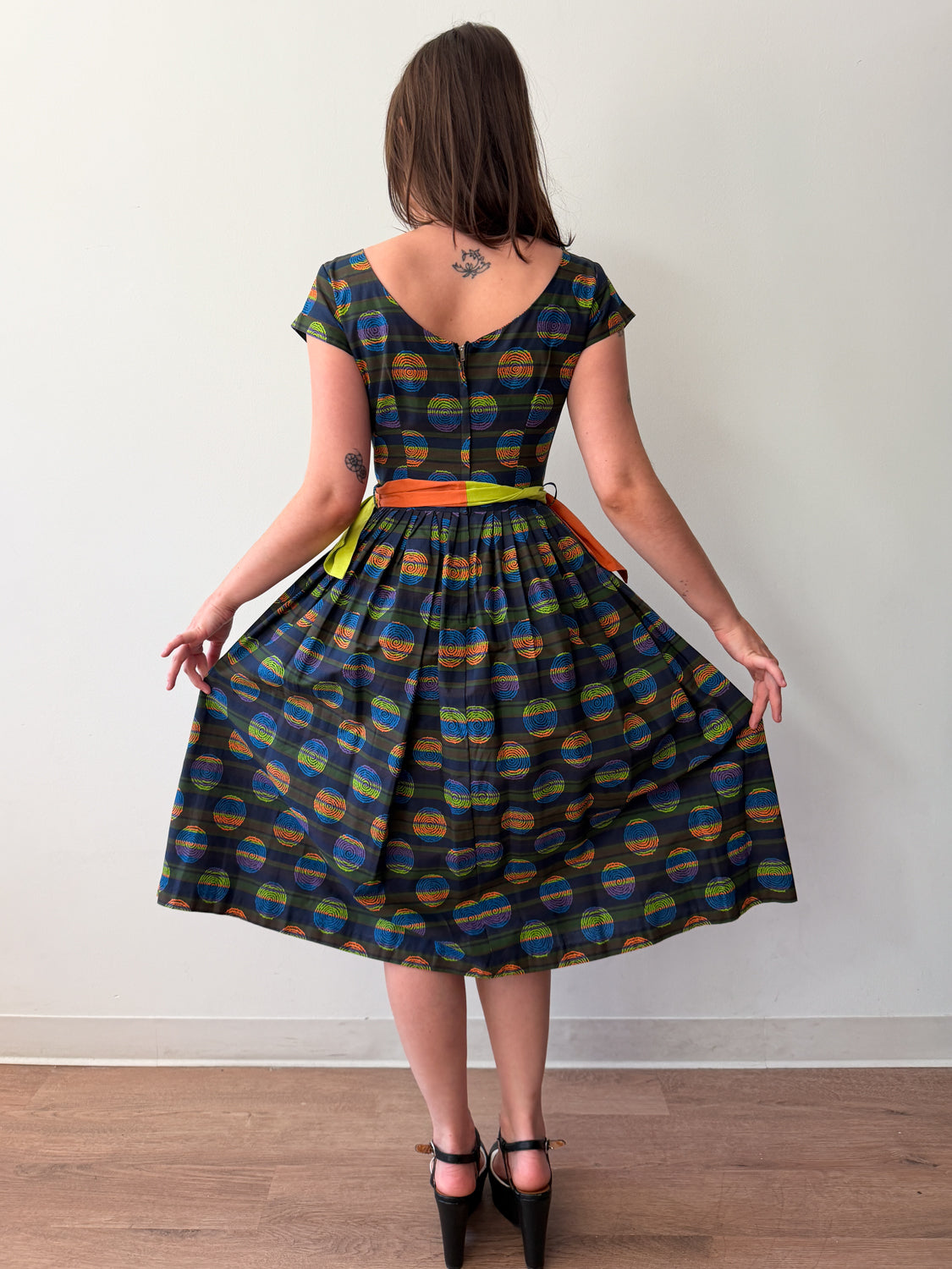 1950s Vintage Atomic Neon Swirls Fit and Flare with Two Tone Belt