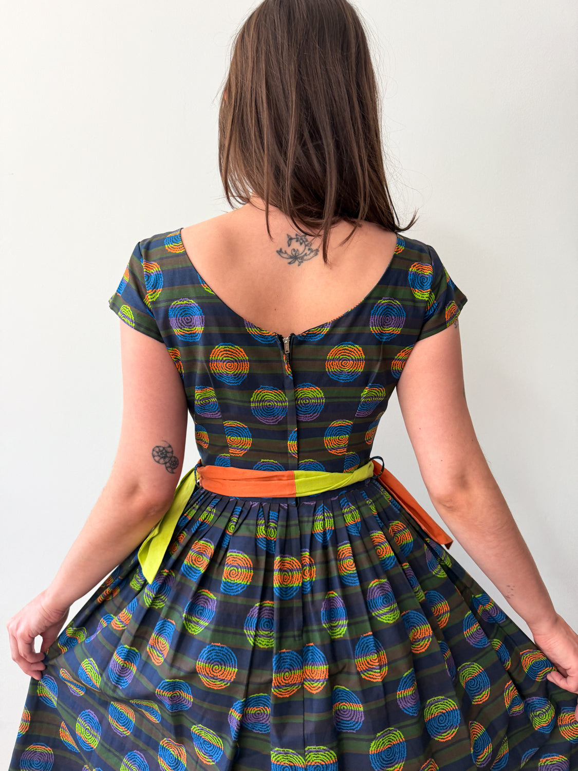 1950s Vintage Atomic Neon Swirls Fit and Flare with Two Tone Belt