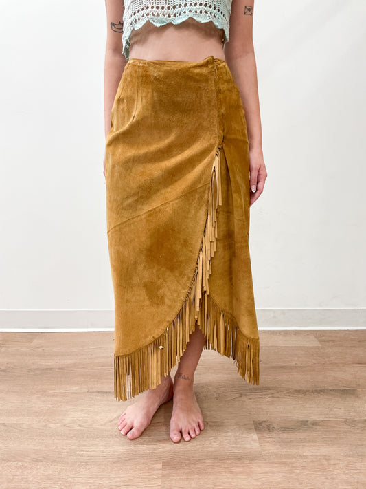 1980's Vintage Suede Fringe Wrap Skirt