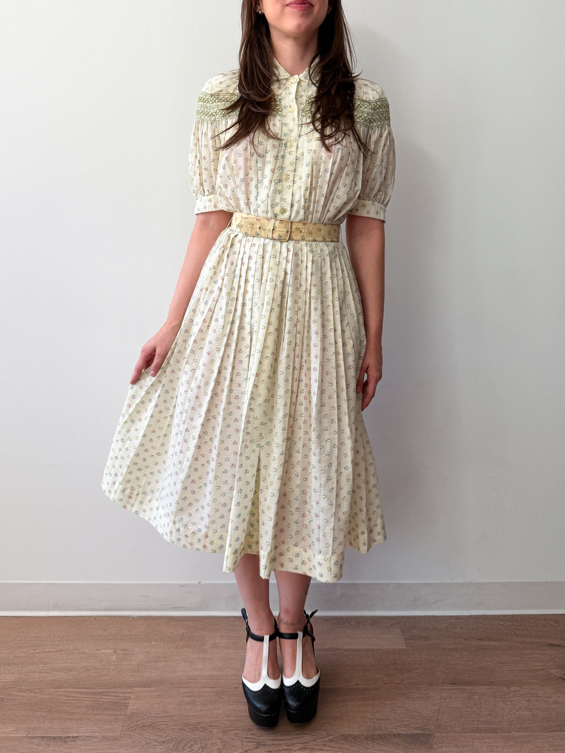 1950s Vintage Mary's Birthday Yellow Tiny Floral Dress 1958
