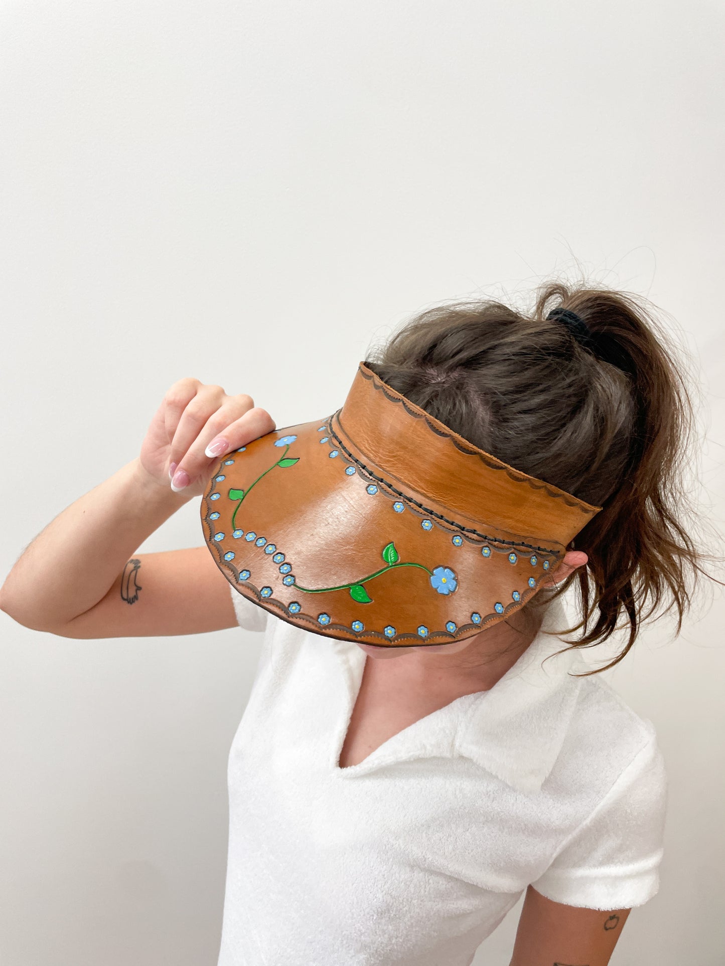 1970s Vintage Tooled Leather Floral Visor