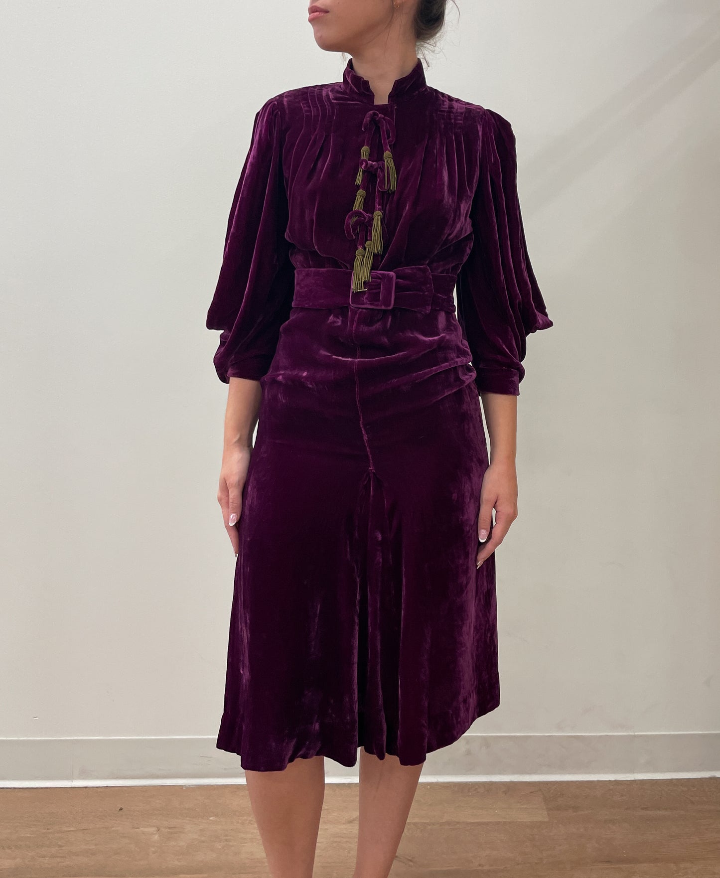 1920s Vintage Plum Silk Velvet Dress with Brass Tassles