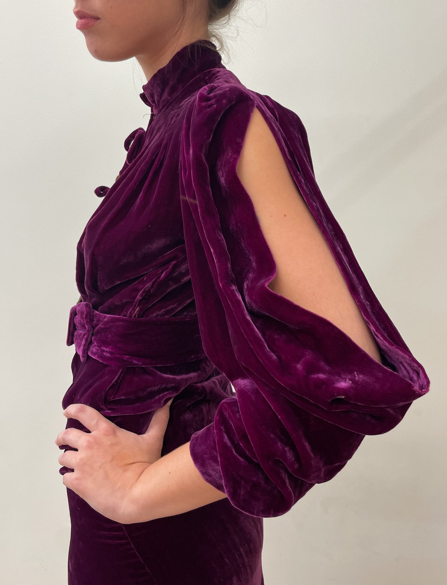 1920s Vintage Plum Silk Velvet Dress with Brass Tassles