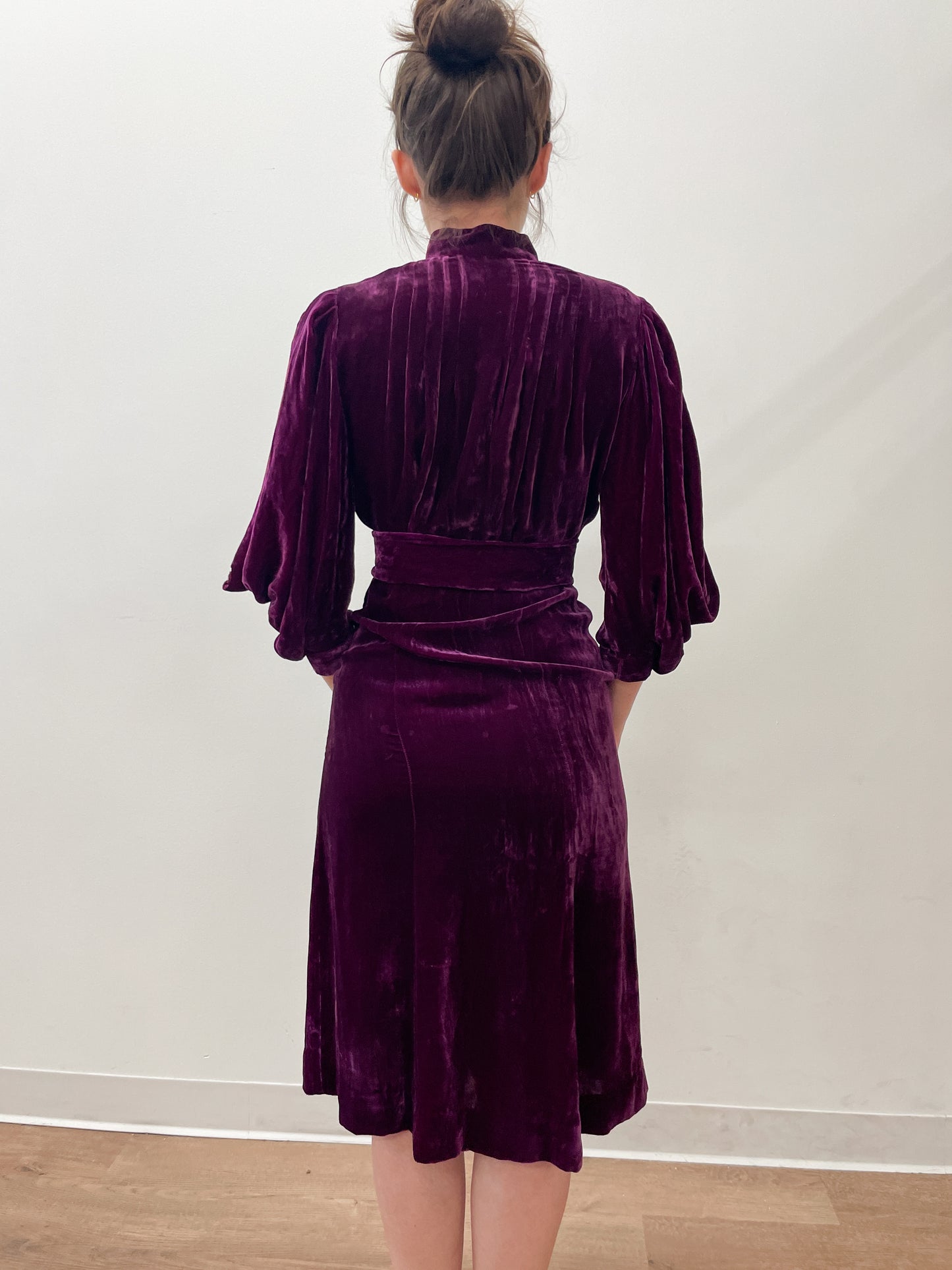 1920s Vintage Plum Silk Velvet Dress with Brass Tassles