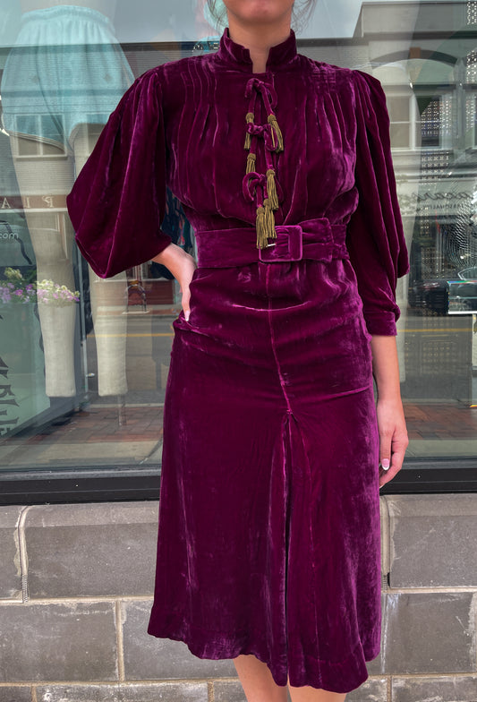 1920s Vintage Plum Silk Velvet Dress with Brass Tassles