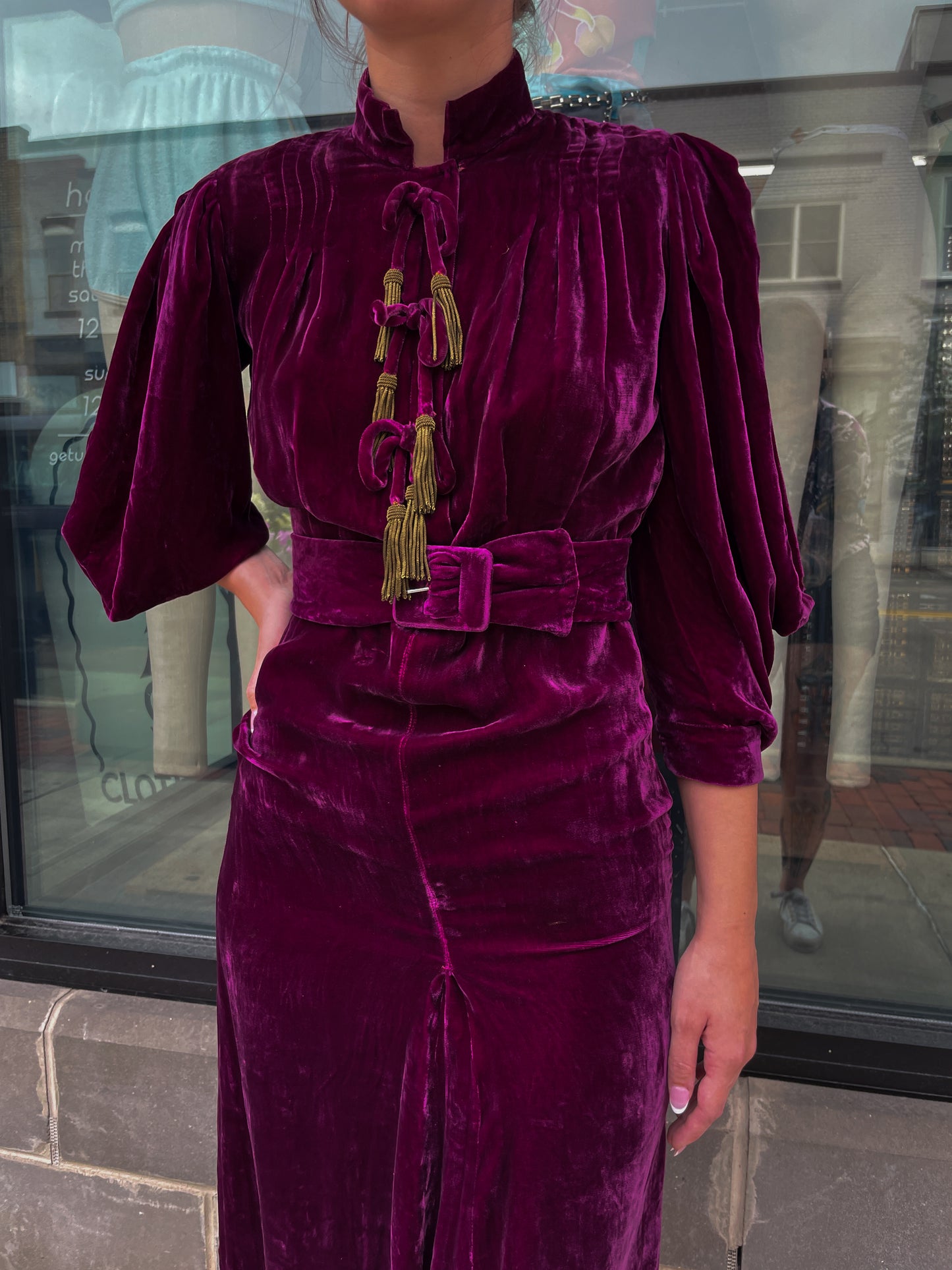1920s Vintage Plum Silk Velvet Dress with Brass Tassles