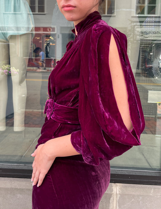 1920s Vintage Plum Silk Velvet Dress with Brass Tassles