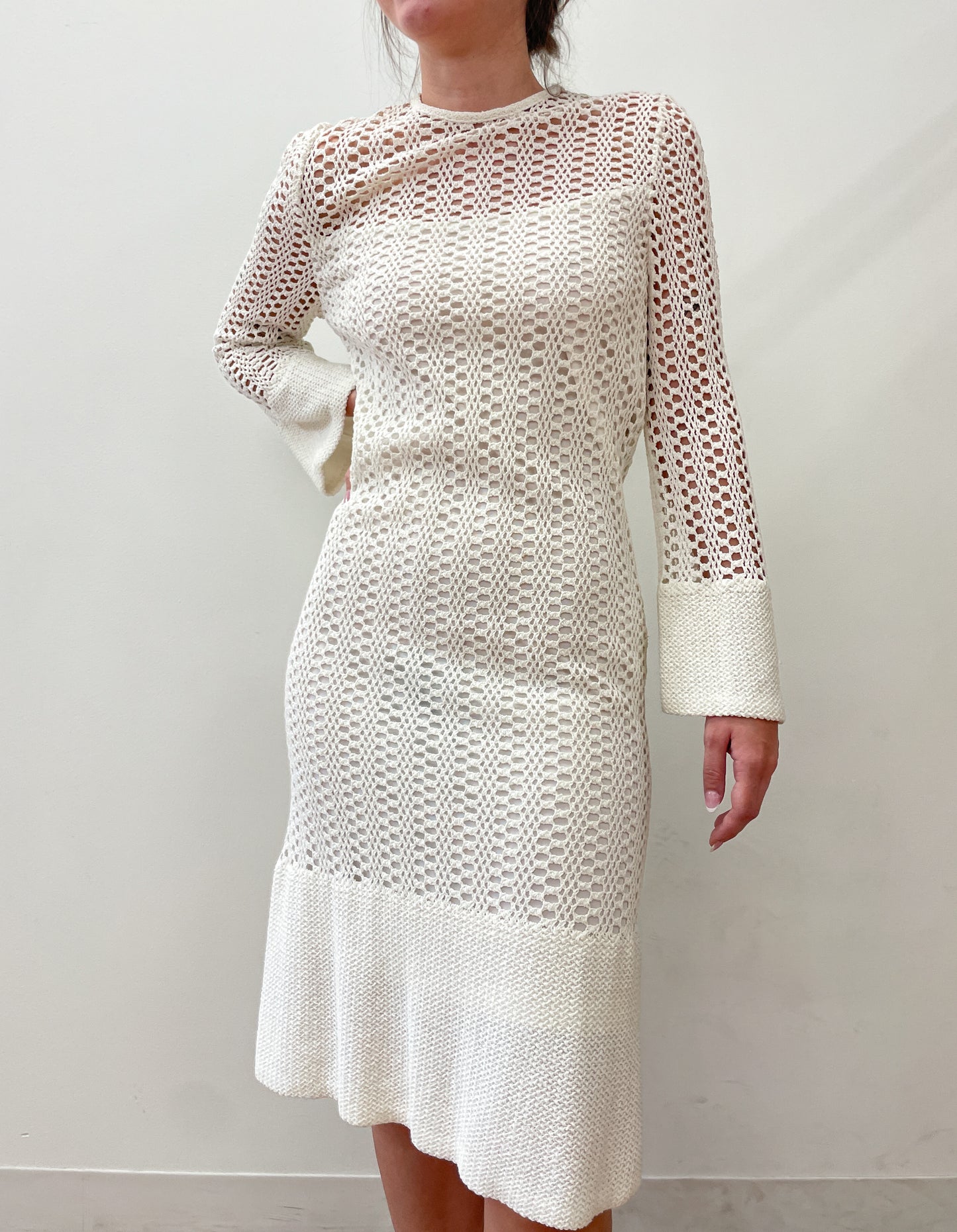 1970's Vintage White Crochet Dress with Bell Sleeves